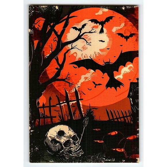 Vintage Halloween Postcard with Skull & Bats Full Moon Litho Chrome - Picture 1 of 2